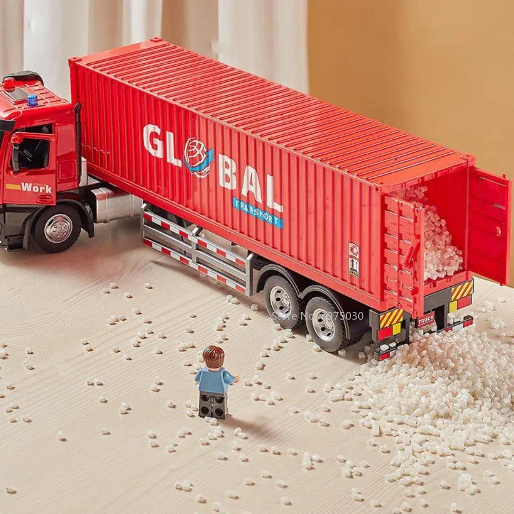 1/18 Container Transport Truck Model Toy Alloy Diecast Scale Car with Sound Light Door Can Be Opened Decorations for Boys Gifts