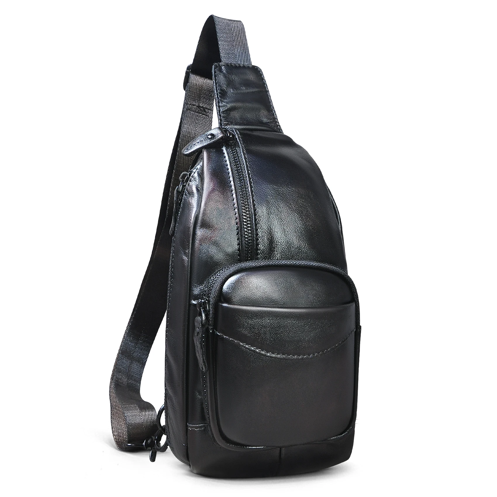 Thick Natural Leather Coffee Travel Triangle Chest Sling Bag For Men Design 8" Tablet One Shoulder Strap Bag Daypack Male 8012