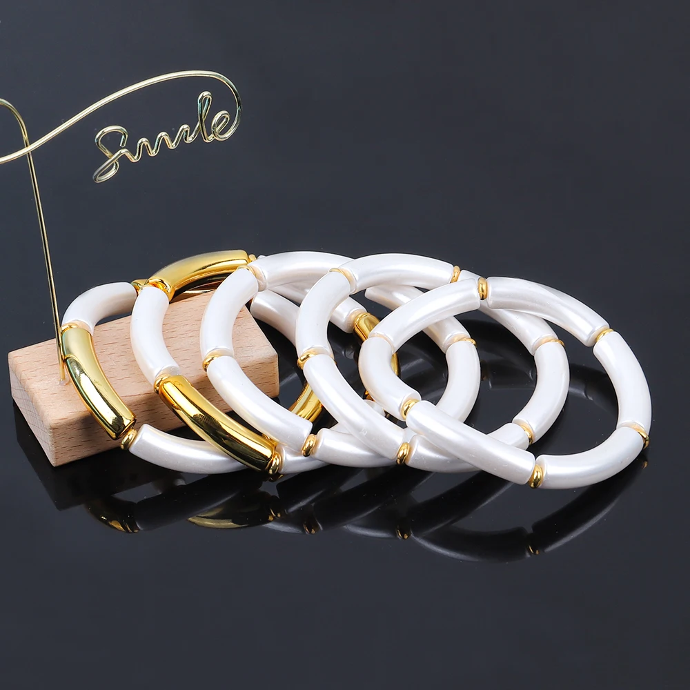 Gold Fishsheep Color Vintage ddmysmile Bamboo Stretchy Bracelets For Women Elastic Resin Tube Beads Cuff Bracelet Bangle Female Jewelry Smile