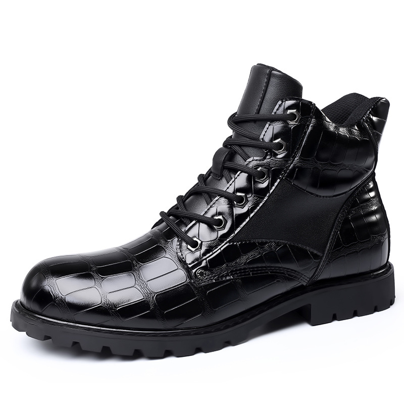 2024 retro imitation crocodile leather shoes, fashionable men's mid top boots, Martin boots