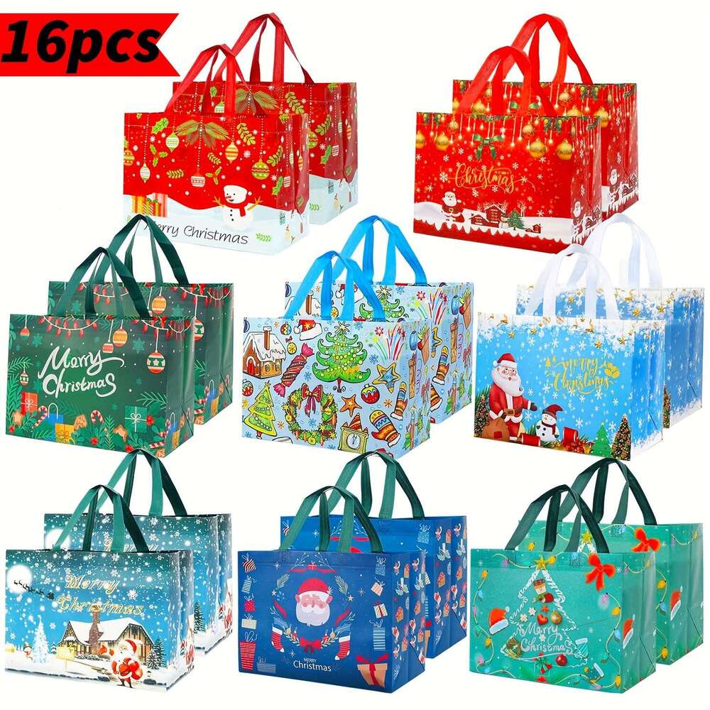 Christmas 8/16pcs Large Gift Tote Bags with Handles Reusable Non-woven Shopping Bags, Suitable for New Year Happy.