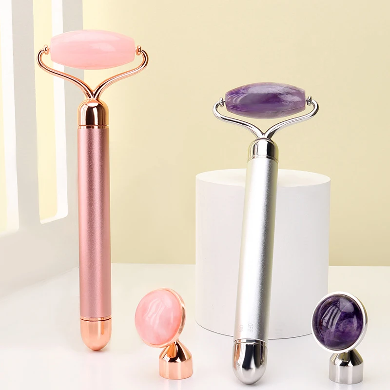 2 in 1 Electric Vibrating Natural Rose Quartz Jade Roller Face Lifting Crystal Jade Stone Facial Roller Beauty Massage Tool
