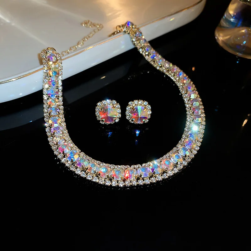 Crystal Necklace FYUAN Earrings Set Pink ABcolourful Necklace for Women Weddings Party Jewelry Sets Accessories smile