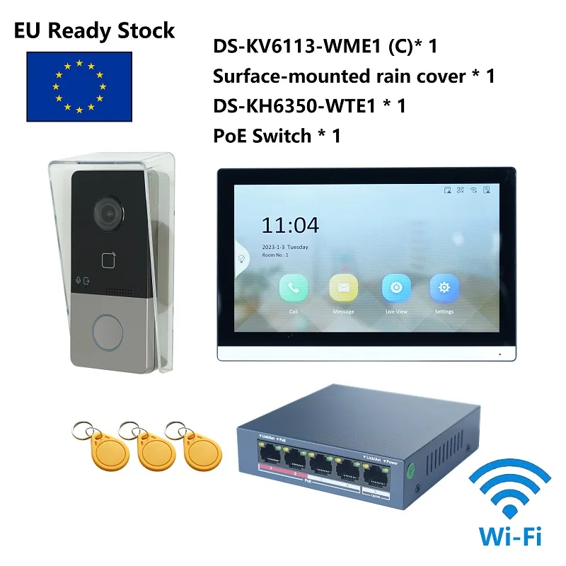 HIK Multi-language 802.3af POE Video intercom KIT,include DS-KV6113-WPE1(C) & DS-KH6350-WTE1 & PoE Switch