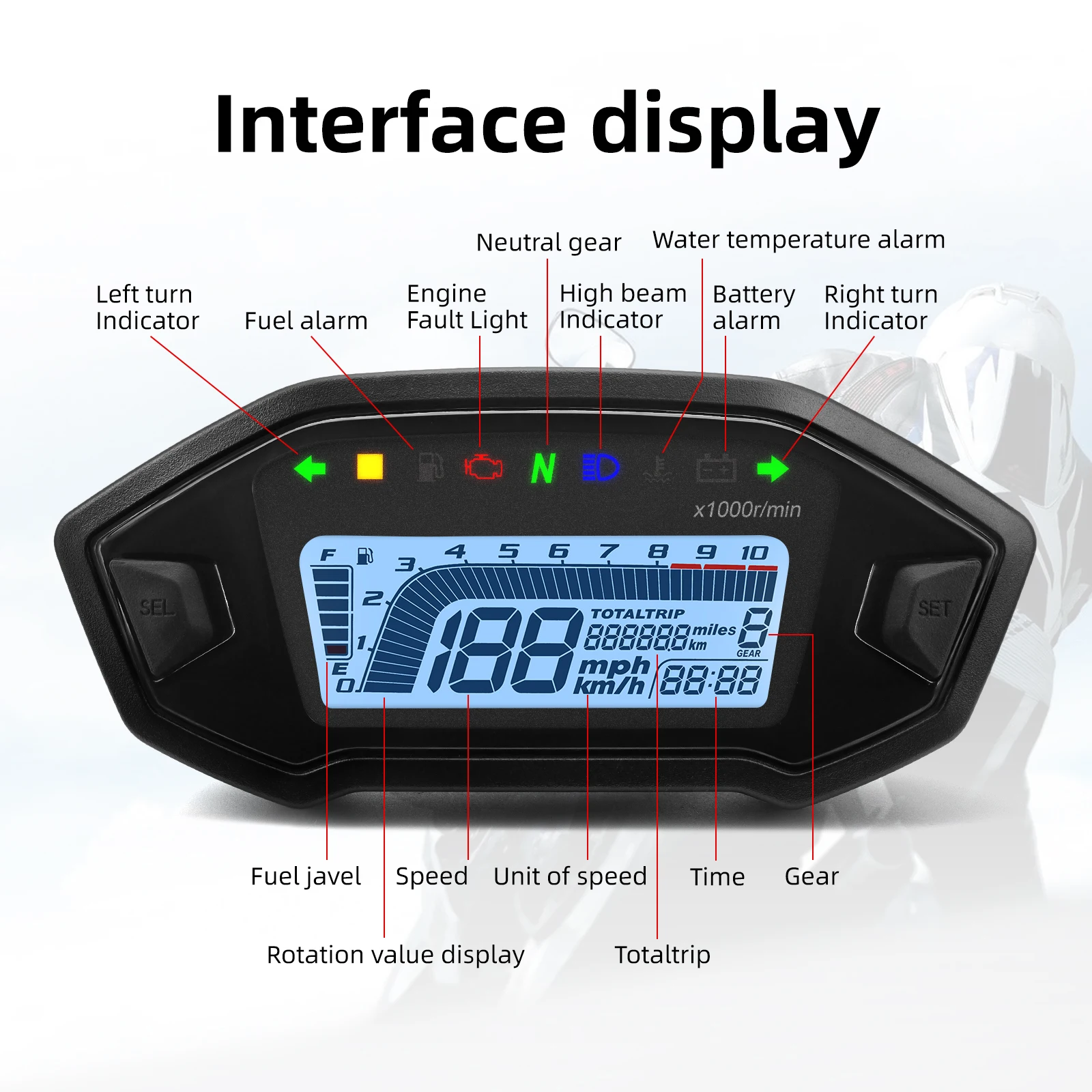 A New Universal Motorcycle LED Adjustable Speedometer 10000RPM 7 Colors Backlight Digital Odemeter Tachometer For 1,2,4 Cylinder