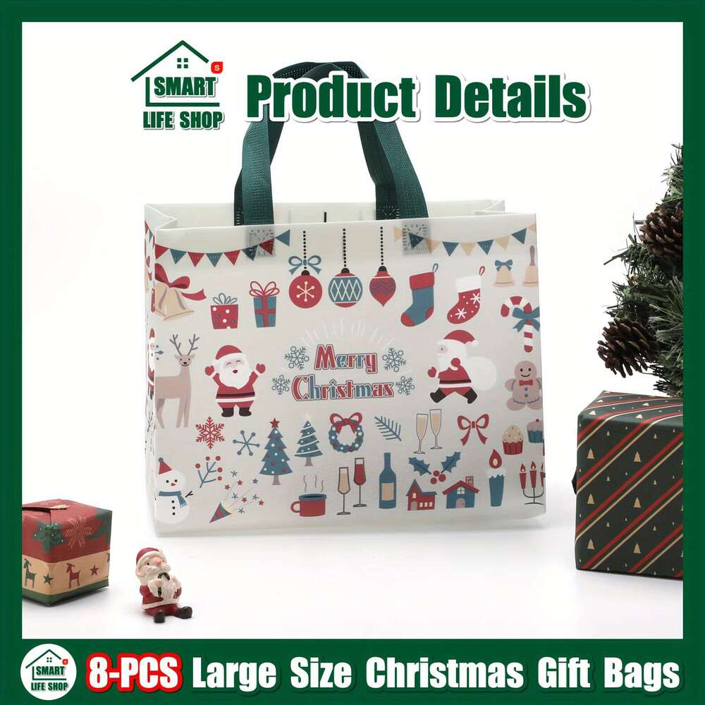 Christmas 8pcs Christmas Gift Bag Set - Reusable Non-Woven Tote Bags with Handles, Perfect for Holiday Presents & Party Favors, Black/Red/White