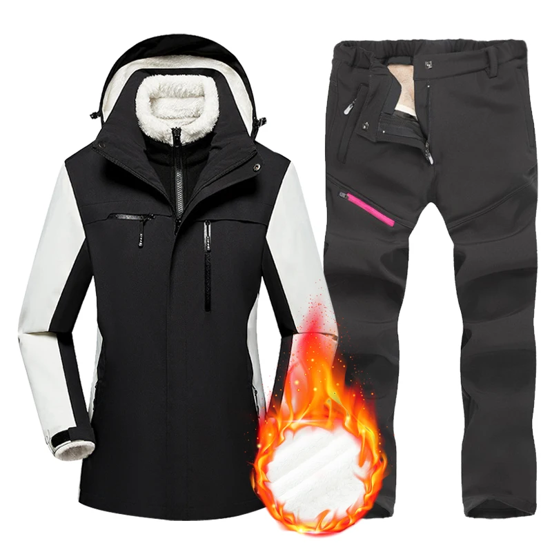 Suit Winter Warm Ski Women Windproof Waterproof Snowboarding Fleece Jackets and Snow Pants Female Skiing Costumes Overalls smile