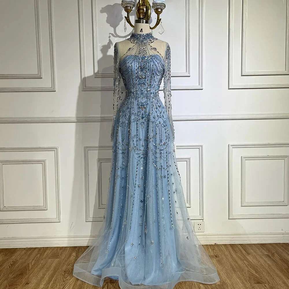 Hill Arabic Serene A E Blue Lace Beaded Evening Gowns For S Party Dubai LA Customized Vening L