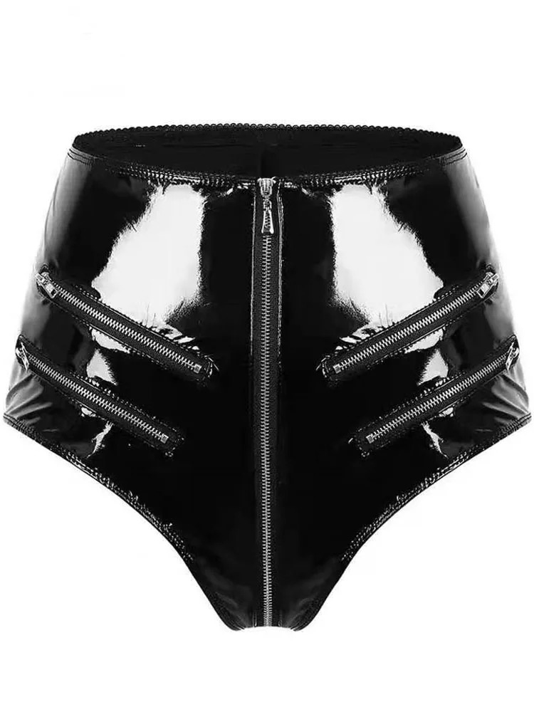 S4XL High Waist PVC Shorts Women Shiny PU Leather Zipper Open Crotch Short Jeans Tights Cut Trunks Micro Mini Bermudas 240409