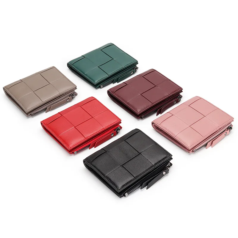 Bifold Soft Leather Sheepskin Wallet Genuine Leather Ladies Zipper Weave Purse Short Women Wallet Designer Dropshipping smile
