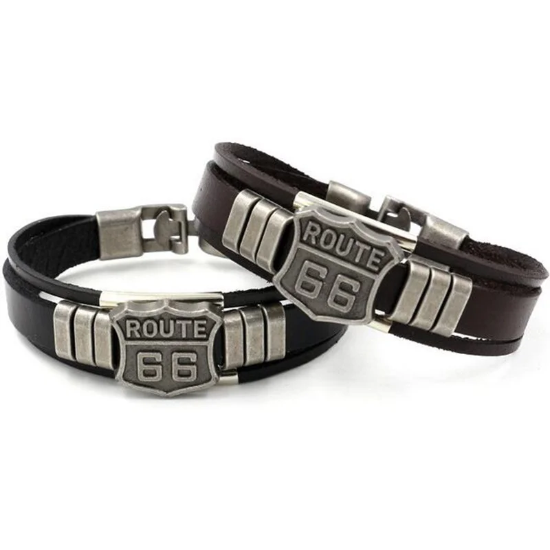 Trendy American Route 66 Printed Pattern Bracelet Men's Bracelet Metal Multilayer Leather Bracelet Accessories New Party Jewelry