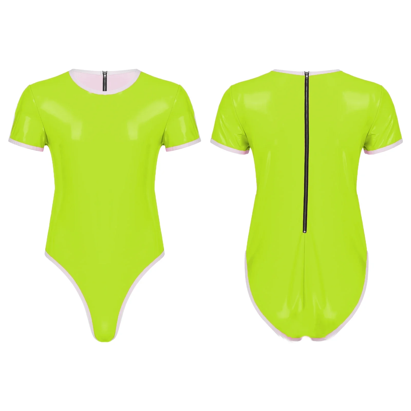 Bodysuit Lingerie Bondage Sexy Short Sleeve Round Neck Faux Leather Catsuit Back Zip Jumpsuit Sex Sheath Tight Clubwear S-7XL smile