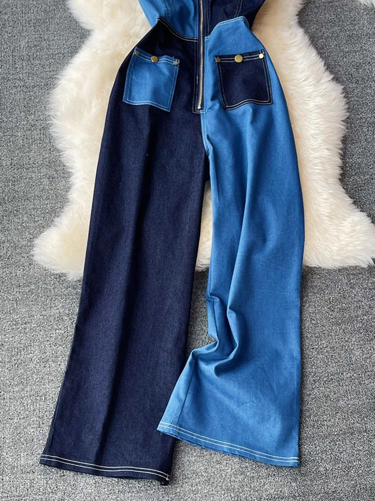 Summer womens Denim suspenders Jeans Blue Straight wide legs street style loose high waist denim Jumpsuit womenLTKBlue1 240409