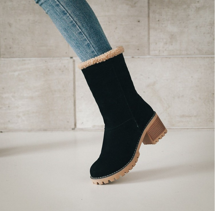 Cross border women's shoes 2023 snow boots women's middle heel suede warm European and American style Martin boots cotton boots two on women