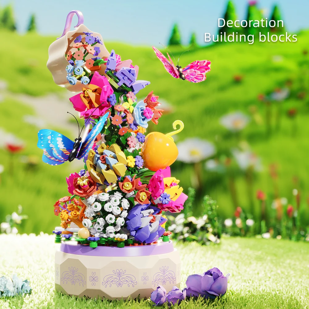 Creativity Newest Blue City Butterfly Music Box Flower Basket Bouquet Model DIY Building Blocks Bricks Toys For ddmysmile Adult Girls Gift Smile