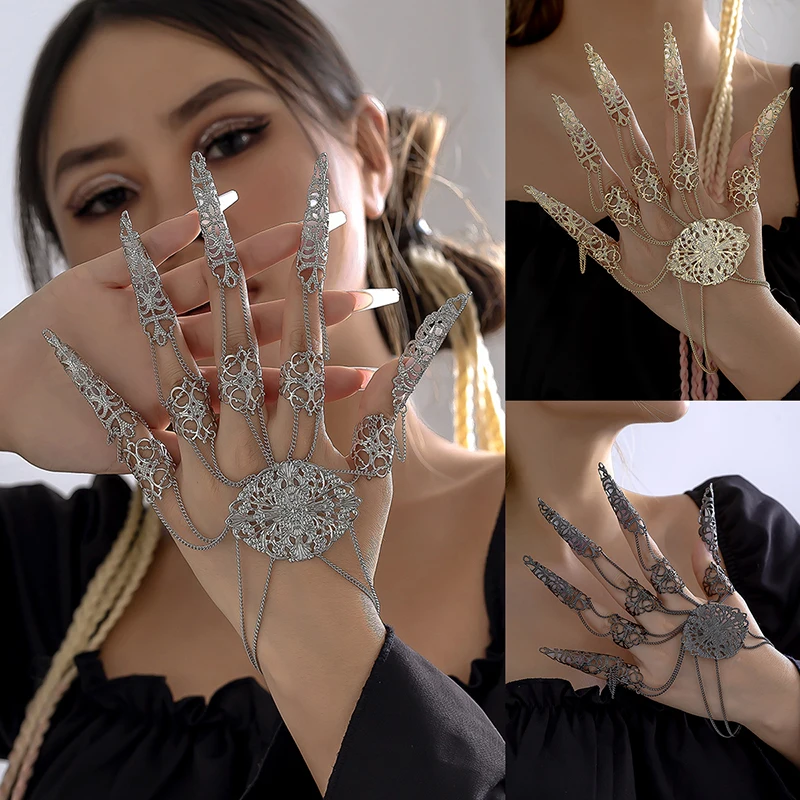 Punk Finger-cot Link Vintage Chain Bracelet Indian Thai Gold Color Connected Finger Ring Bracelet For Women Belly Dancer Cosplay smile