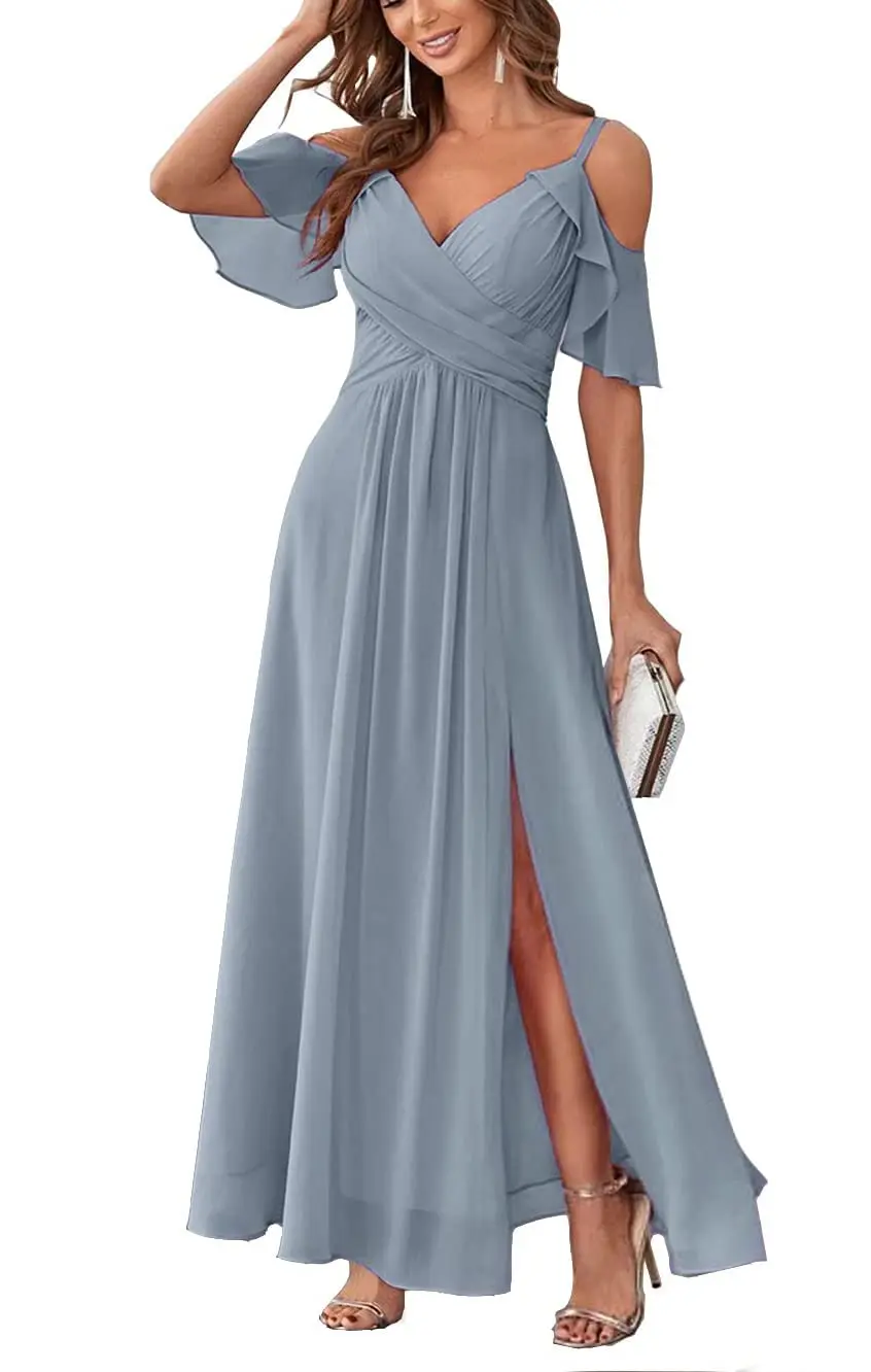 CloverBridal Cold Shoulder Summer Junior Bridesmaid 2025 new Dresses Corset Back Floor Length A-line High Slit Wedding Party Gown WB9819