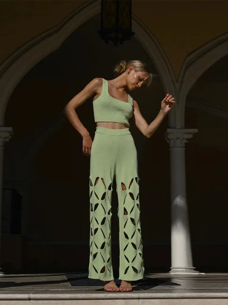 Women Elegant Hollow Out Knit Pants Suit Casual Square Neck Cropped Tank High Waist Trousers Set 2024 Lady Vacation Chic Outfits 240407