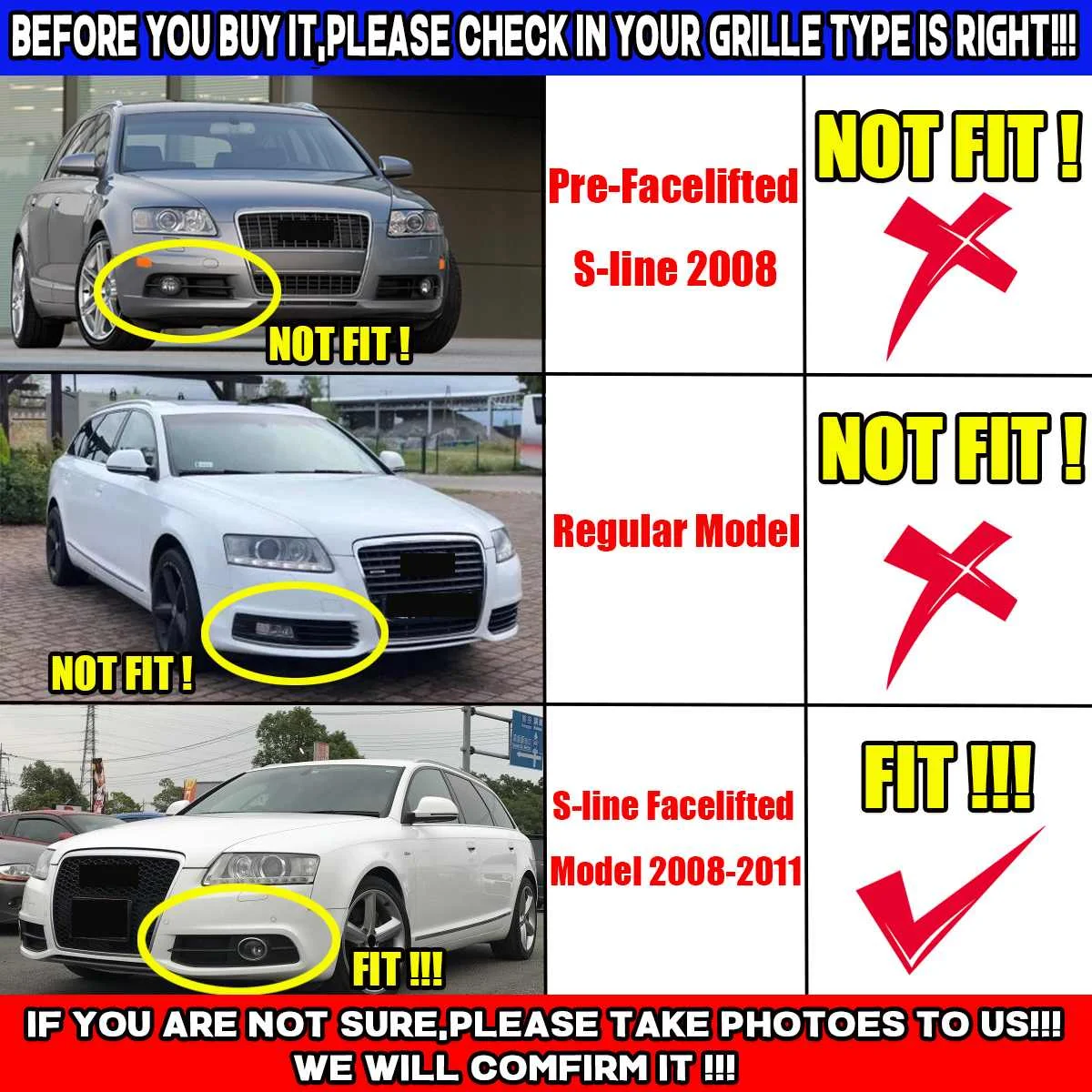 For Audi A6 C6 S-Line S-Facelifted 2008 2009 2010 2011 Car Front Bumper Fog Light Grille Honeycomb Hex Fog Lamp Racing Grill