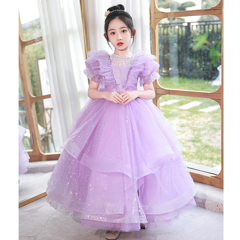 purple Princess Flower Girls Dresses for Weddings sequined Kids Formal Wear Beads Long Pageant Dress First Communion Dress little Girls Tulle Toddler 