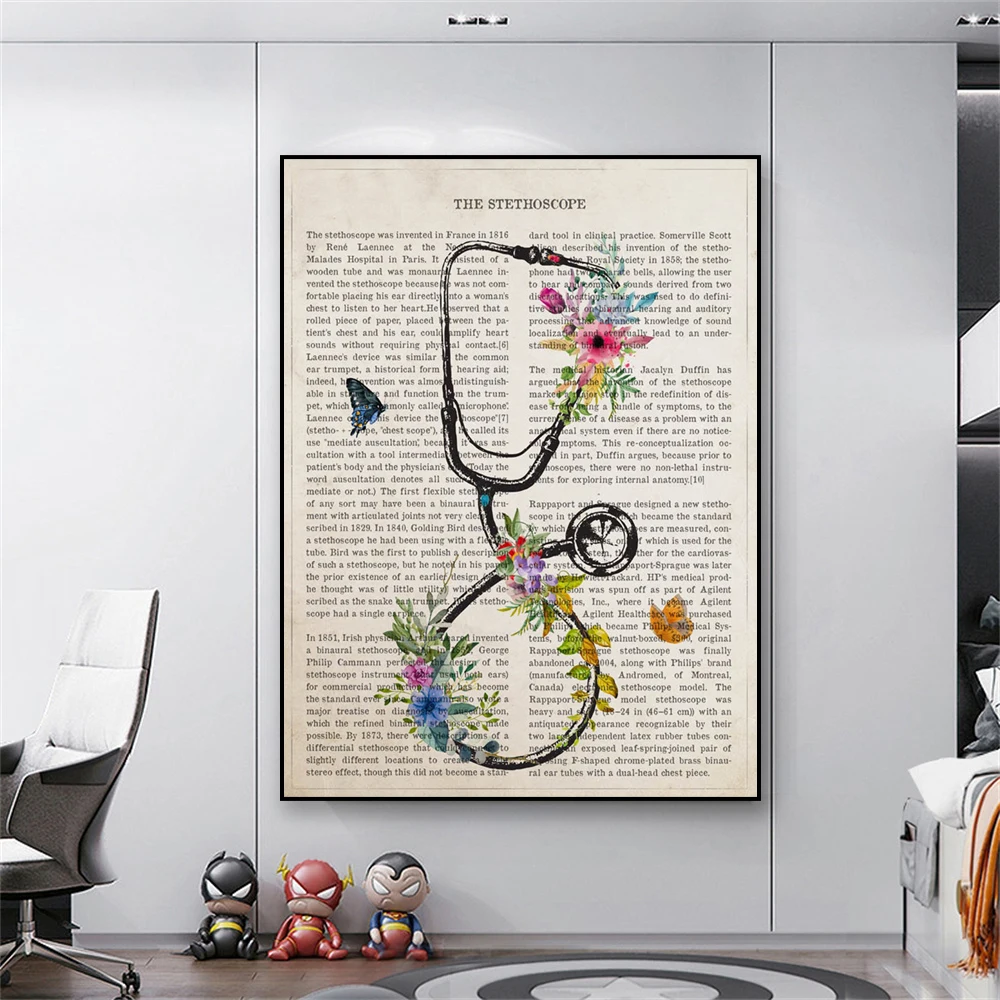 Poster with Modern Stethoscope Flowers Print Medical Wall Picture Canvas Painting Nurse Doctor Gift Hospital Clinic Office Decor smile