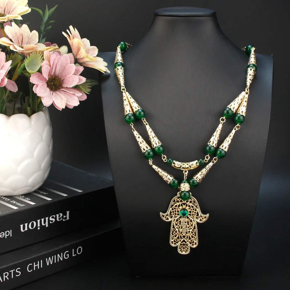 Pendant Fatima Chic Arabian Necklace for Women Gold Color Beaded Double Chain Necklace Morocco Bride Wedding Jewelry smile