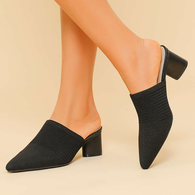Half Female 2025 Summer New Breathable Women High Heel Slippers Fashion Large Size Women's Knitted Shoes