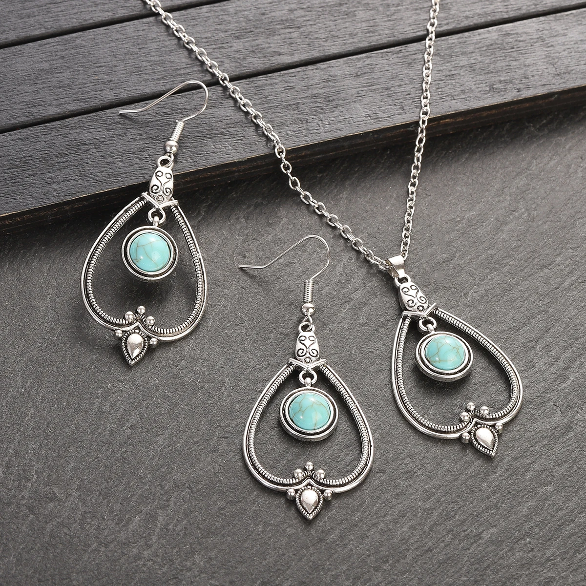 Ethnic Sier Color Classic Water Drop Jewelry Sets Ladies Bohemia Colorful Flowers Pendant Necklace Earring Woman Jewelry Gift smile