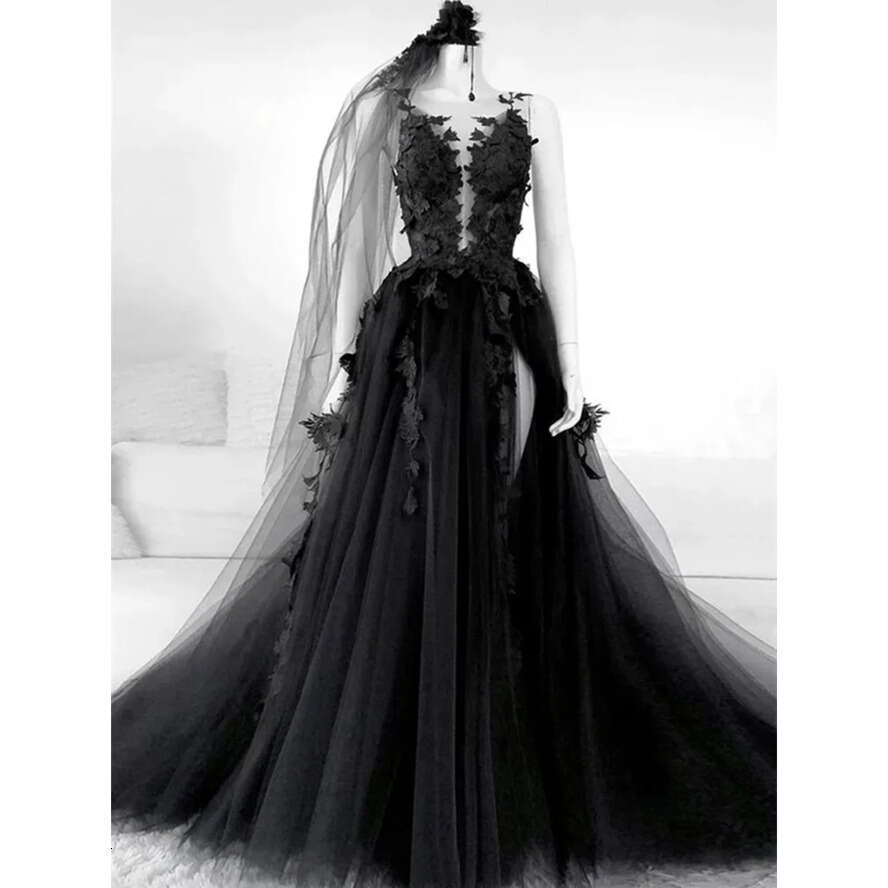 Black Gothic Wedding Dresses Sleeveless Bridal Gown Vestidos De Novia D Ral Applique Side High Slit Custom Made Tulle Plus Size