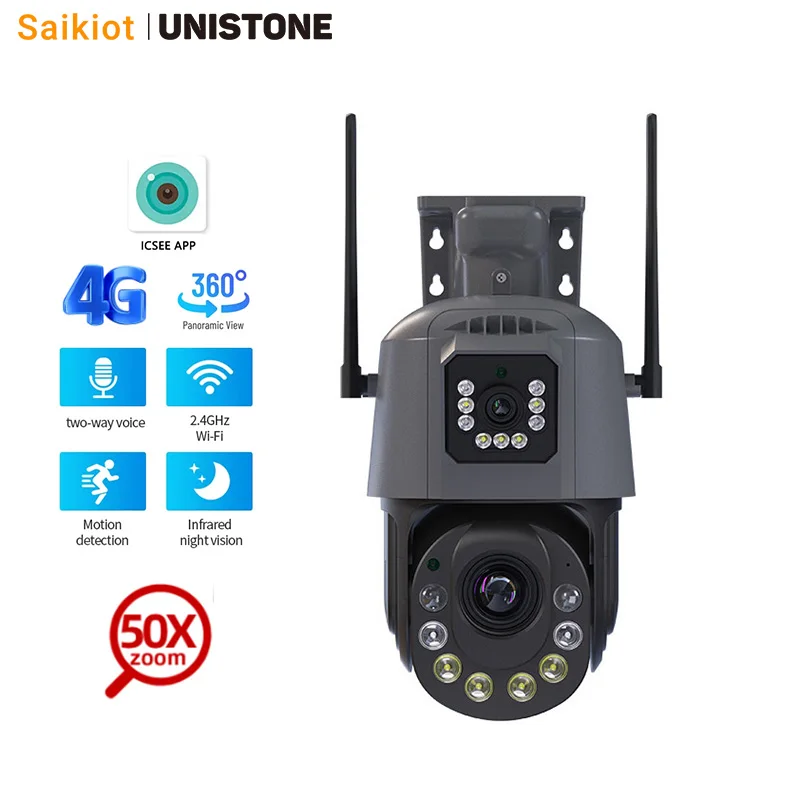 Saikiot ICSEE 6MP 50X Zoom WIFI Camera 4G PTZ Dual Lens Outdoor Camera Auto Tracking Surveillance System ICSEE Dual Lens Camera