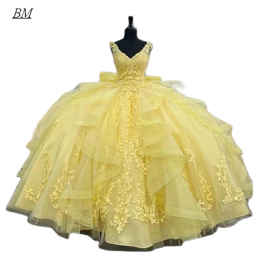 BM Elegant Yellow Quinceanera new Dresses 2023 Appliques Beading Corset Birthday 2025 Formal Party Prom Ball Gown Vestidos De 15 Anos