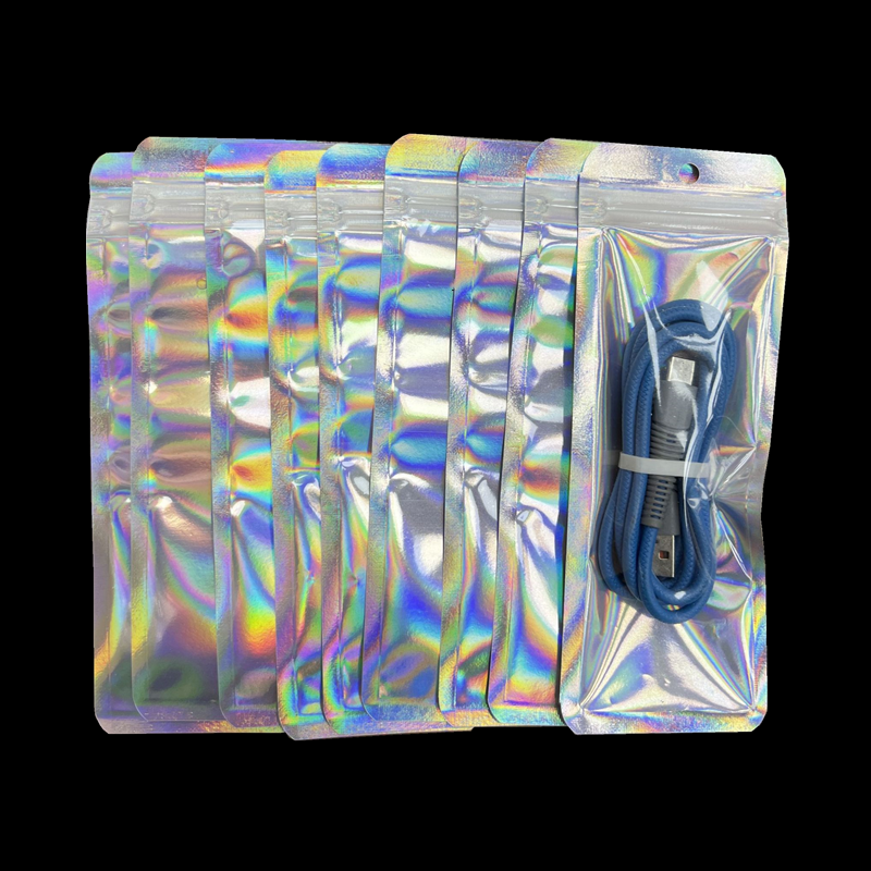 100pc Holographic Mylar Pouch Clear Window Long Laser Foil Pen Bag Retail Packaging Ziplock Makeup Brush Bags For Small Business