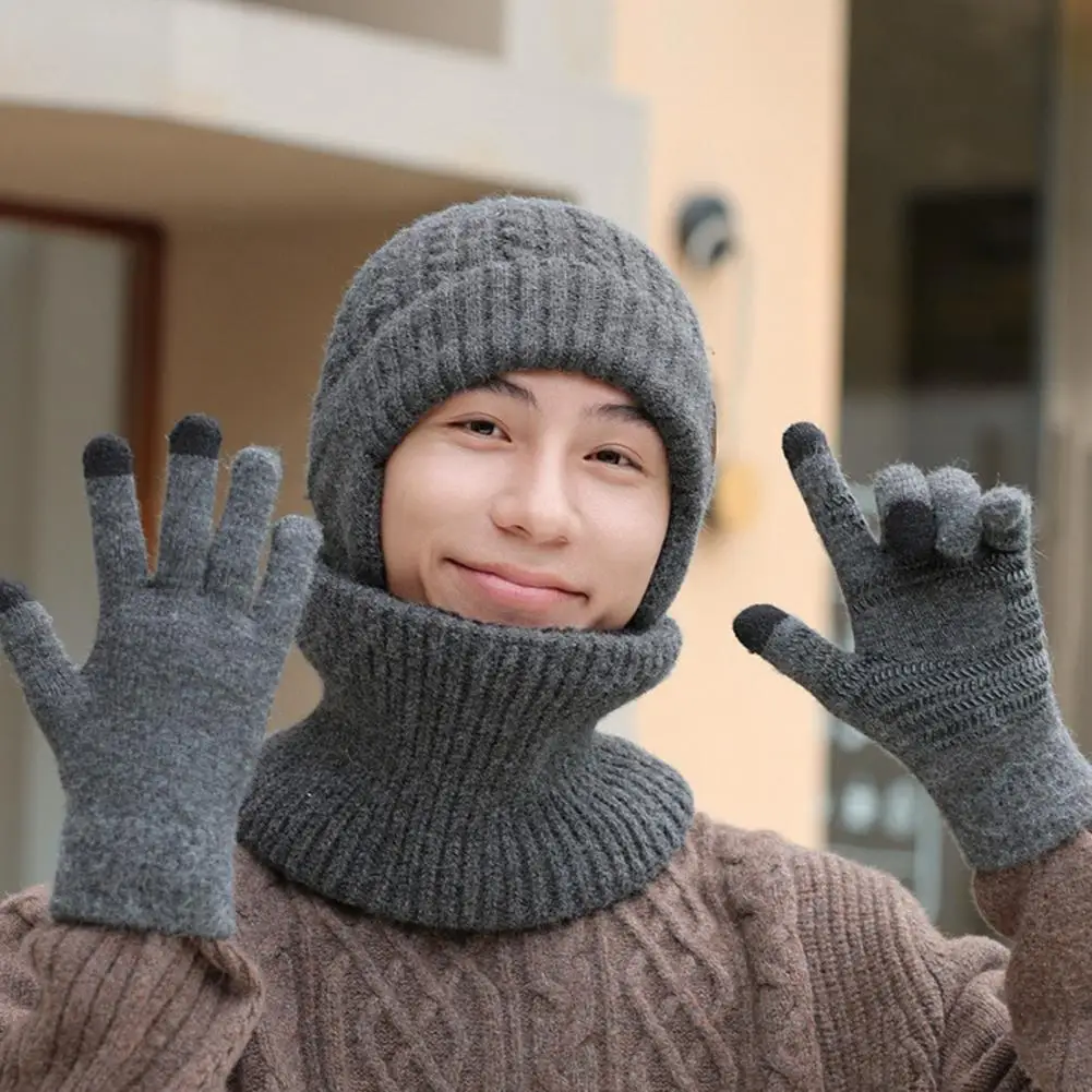 Hat Screen Skull Touch Mittens Circle ddmysmile Scarves 3Pcs Winter Fleece Lining Hat Scarf Gloves Set For Men Women Touch Screen Mittens Smile