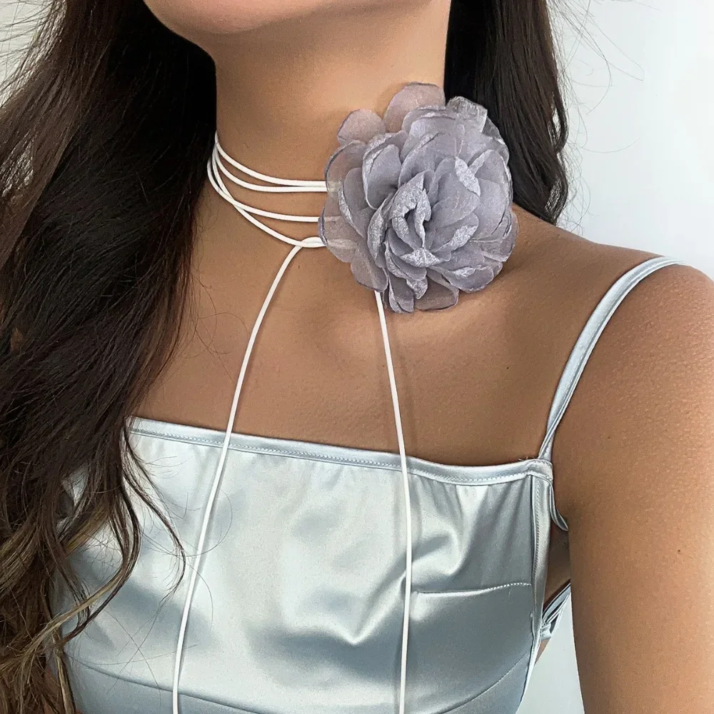 Rope Choker Black Necklace With Large Flower Women Jewelry Collar On Neck Wax Line Elegant Ladies Y2K Accessories 2023 smile