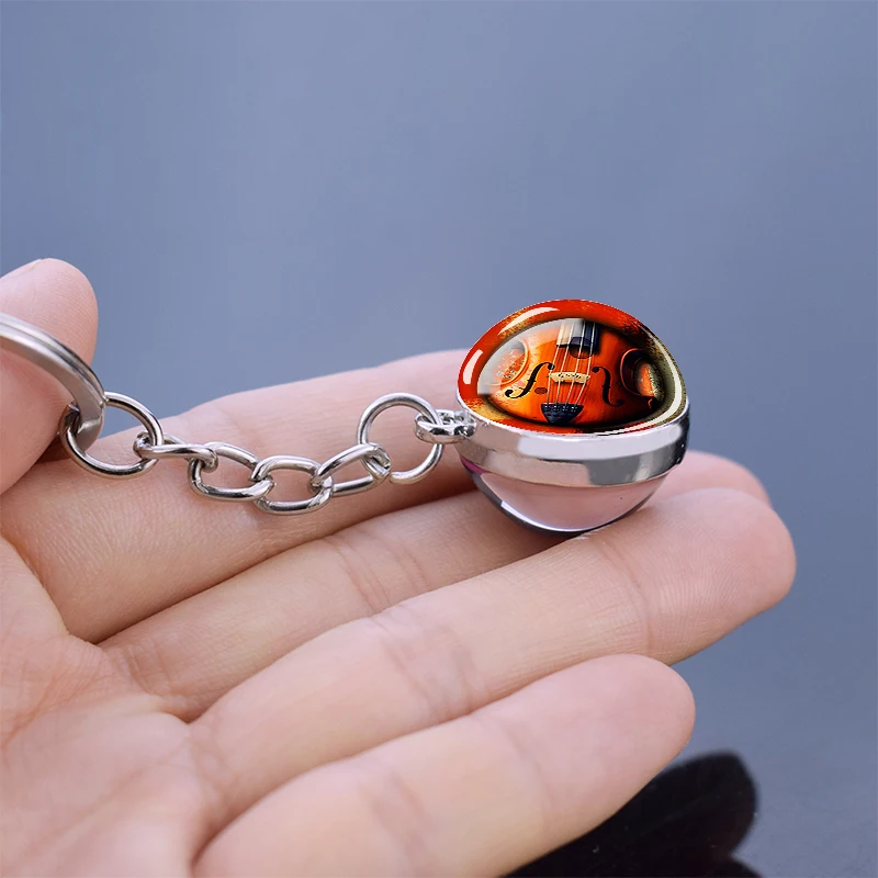 Music Musical Instrument Keychains Note Piano Guitar Clarinet Flute Key Chains Double Side Glass Ball Pendant ddmysmile Keyring Art Gift Smile