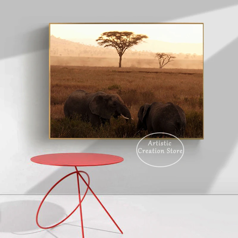 Scenery Kenya African Grassland Elephant Giraffe Animals Sunset Posters Canvas ddmysmile Prints Wall Art Pictures Living Room Home Decor Smile