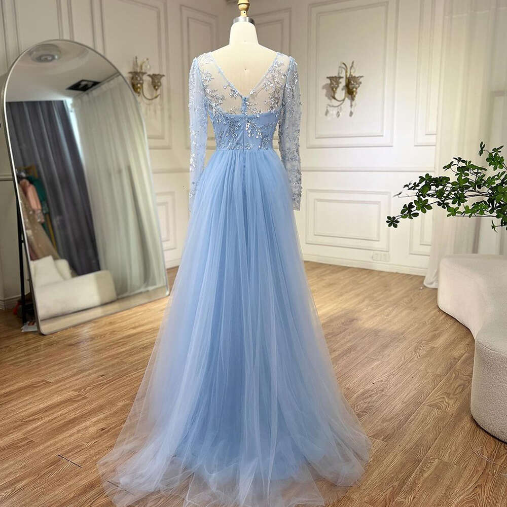 Blue Mermaid Customized Elegant With Train Beaded Arabic Evening Dresses Gowns For Women Party