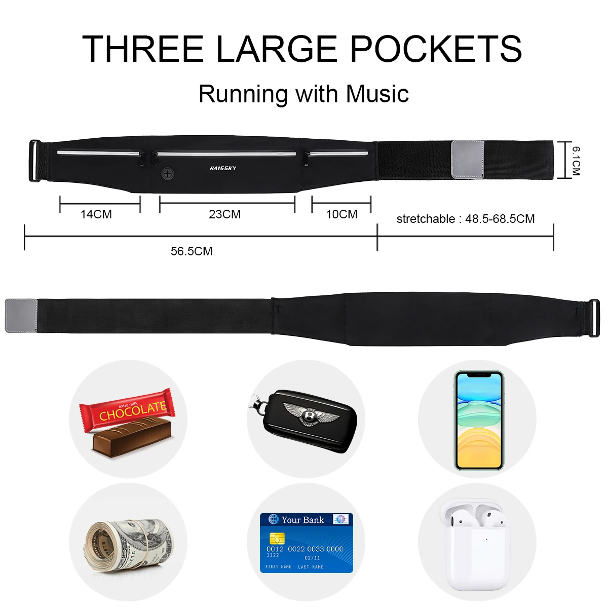 Pocket HAISSKY Running Zipper Sports Waistband Belt Phone Pouch For iPhone 15 14 13 12 11 Pro Max 14 Plus Elastic Waist Pack Bag smile