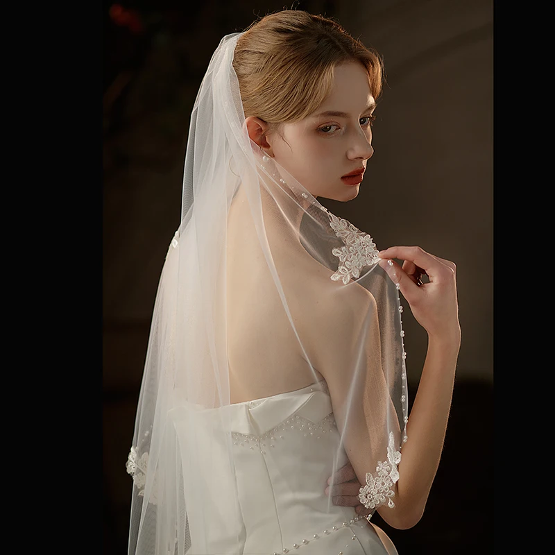 Exquisite Bridal V752 Wedding Veil One-Layer Tulle ddmysmile Lace Appliqued Handmade Beading Edge White Brides Veil Smile