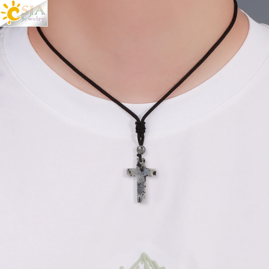 Stone CSJA Cross Natural Pendant Necklace for Man Healing Tiger Eye Amethysts Crystal Necklaces for Women Jewelry Gift H254 smile
