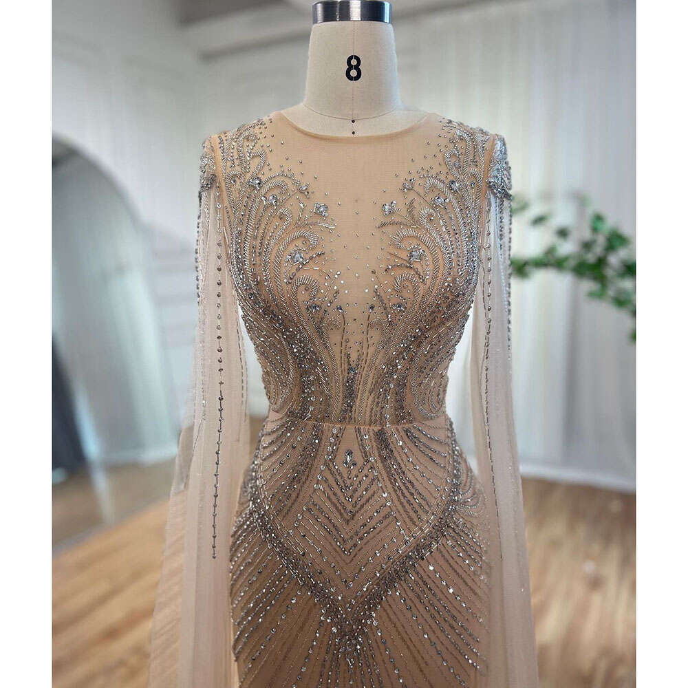 Mermaid Customizedarabic Nude Cape Sleeves Elegant Beaded Evening Dresses Gowns For Women Party