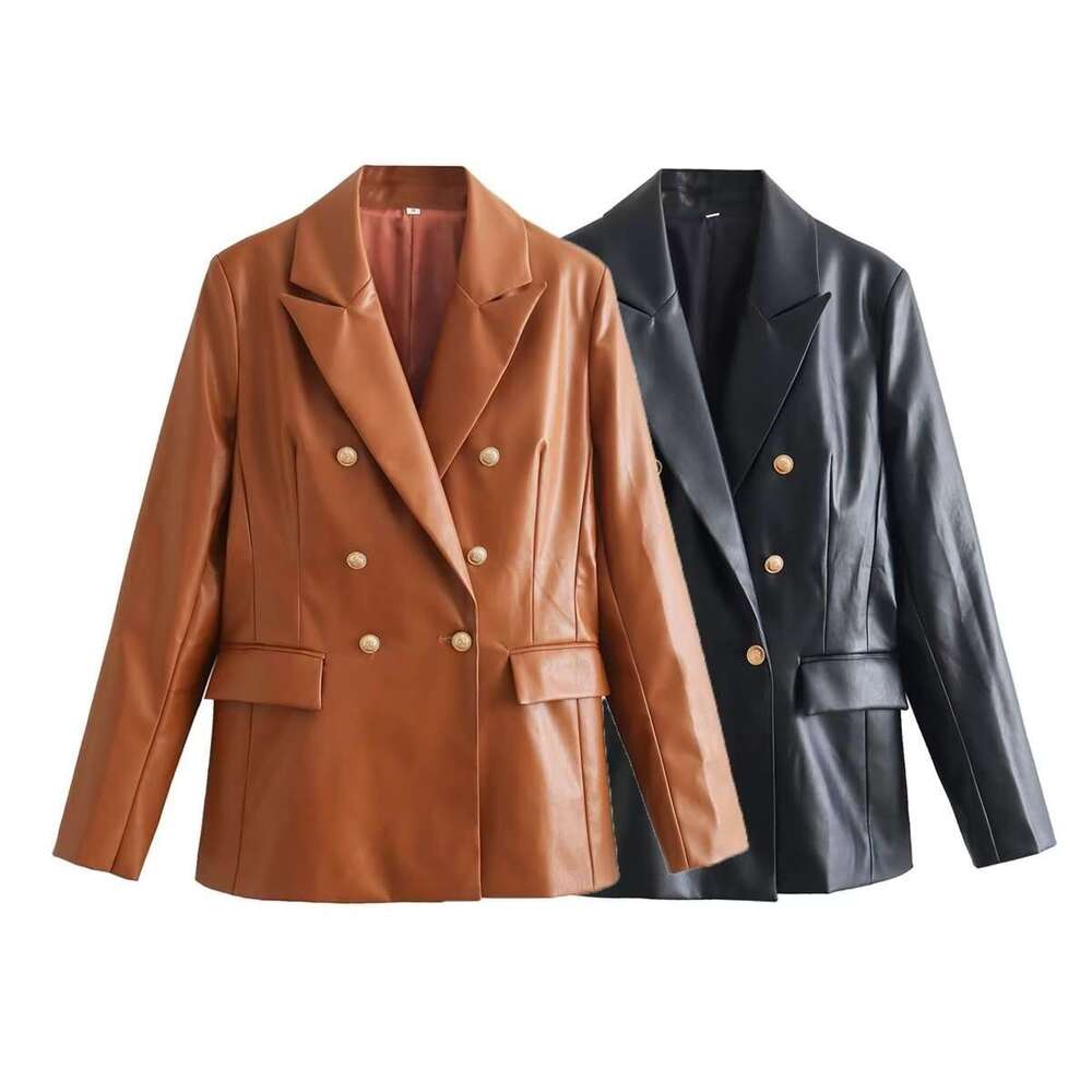 shanshi leather jacket women Autumn new women's versatile metal double breasted pocket long sleeved PU leather slim fit suit jacket