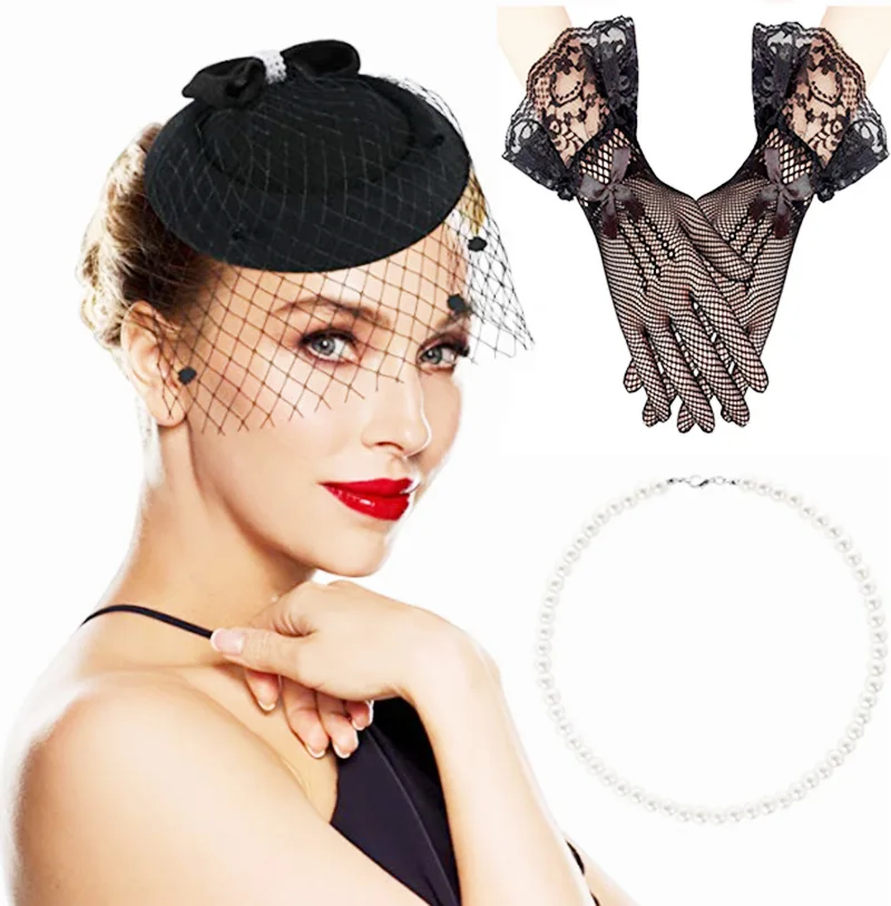 Piece Set Necklace 3 Gloves Hat Vintage Fascinators for Women Ascinator Hats for Women Wedding and Church Headband smile