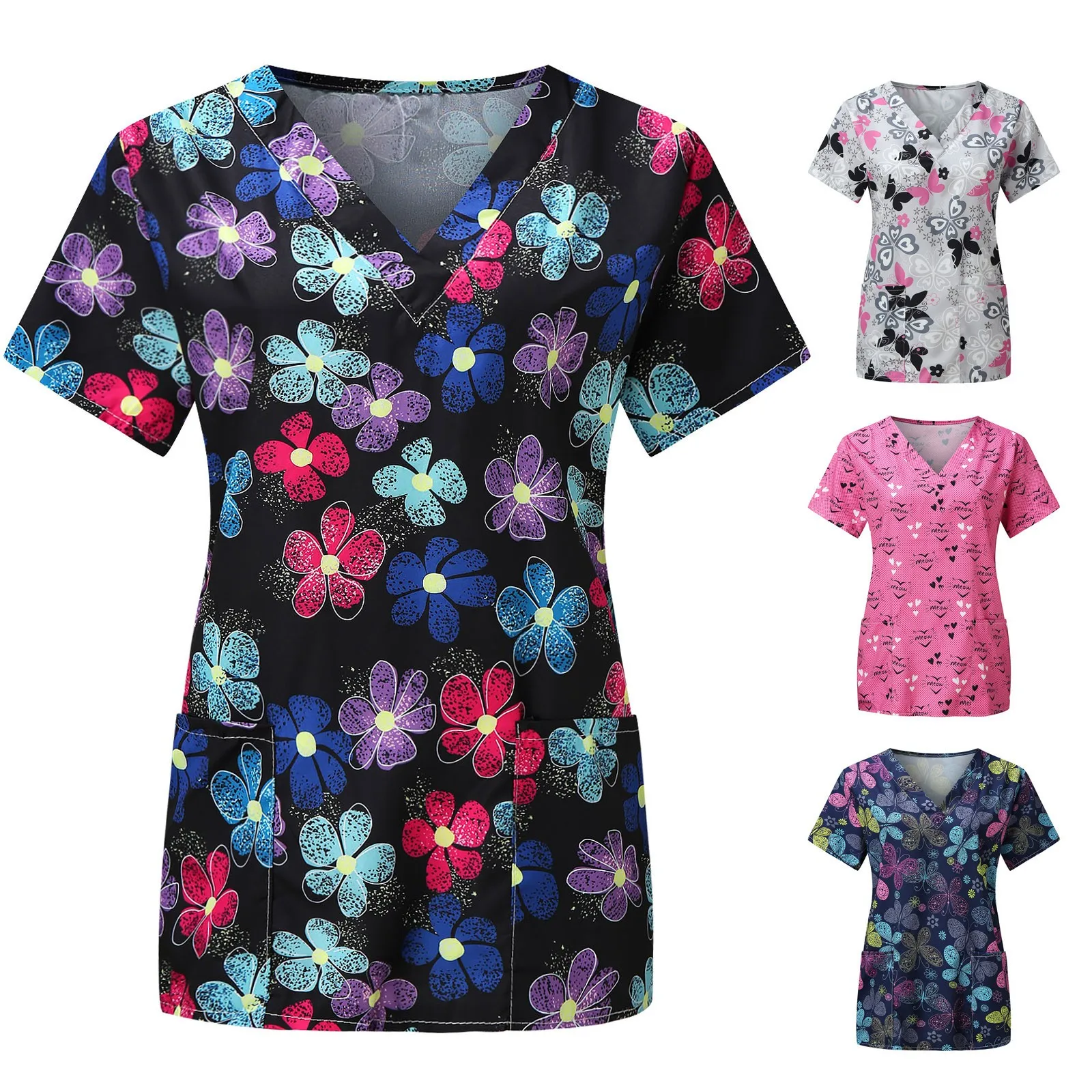 Working Uniform Women Printed Flower Butterfly Pocket Nurse Blouse Carers Short Sleeve Scrub Tops V-neck Healthcare Carer Tunic smile