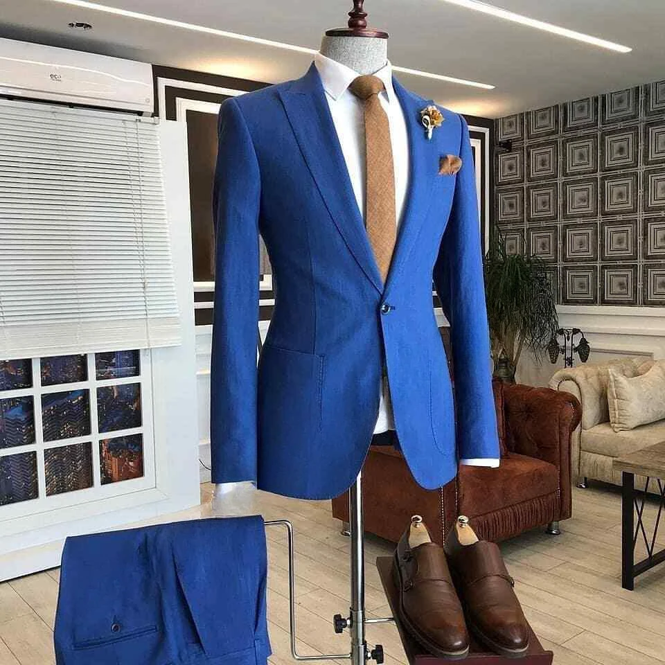 Blue Casual Men Royal Suits Slim Fit 2 Pieces Male Suits Groomsmen Bridegroom Wedding Tuxedos Blazer Pants Costume Homme smile