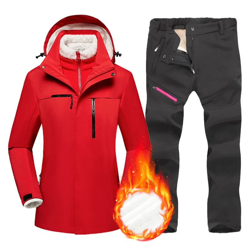 Suit Winter Warm Ski Women Windproof Waterproof Snowboarding Fleece Jackets and Snow Pants Female Skiing Costumes Overalls smile