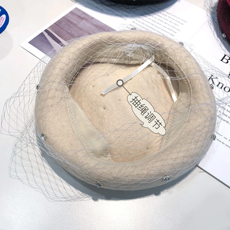 Pearl Caps Dia Water Autumn Winter Female Beanie Pumpkin Women Mesh Veil Wool Beret ddmysmile Vintage New Trend Painter Hat Smile