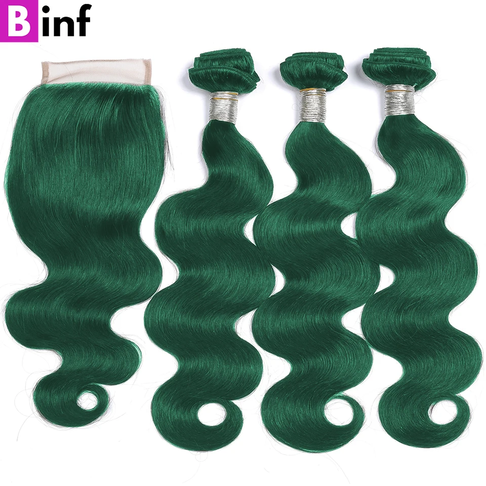 Colored Body Wave Green Bundles With Closure 5x5 13x4 HD Lace Closure Frontal with Bundles Remy 3/4 Bundles With Closure smile