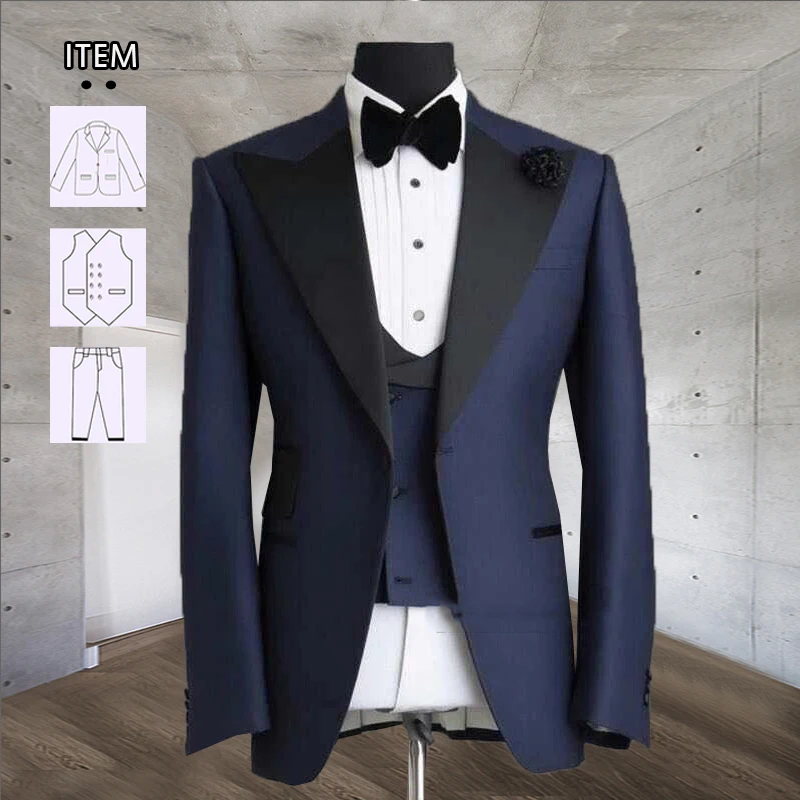 Navy Blue Suits Men For Wedding new Black 2025 Peaked Lapel Coat Regular 3 Pieces Groom Tuxedo Tailor-Made Blazer Vest Pants Male Dress