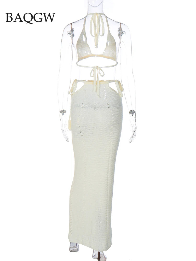 Summer Knitted Crochet 2 Piece Set Lace Up Halter Crop Top and Maxi Skirt Matching Co Ords Outfits Y2K Clothes Party Elegant 240401